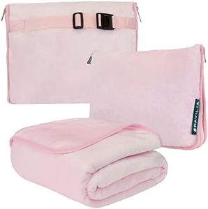PAVILIA Travel Blanket and Pillow, Dual Zippers, Clip On Strap, Warm Soft Fleece 2-in-1 Combo Blanket Airplane, Camping, Car, Large Compact Blanket Set, Luggage Backpack Strap, 60 x 43 (Blush Pink)