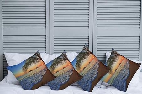 Ambesonne Hawaiian Pillow Cushion Cover Pack of 4, Pacific Sunrise at Lanikai Beach Hawaii Wavy Ocean Surface Colorful Sky Scene, Decorative Square Accent Pillow Case, 4 Pcs-16" x 16", Brown Blue