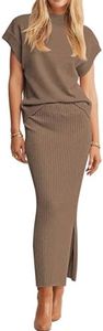 Pink Queen Women 2 Piece Skirt Set Casual Short Sleeve Knit Sweater Vest Top Pencil Midi Dress Vacation Outfits Khaki XL