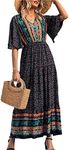 PRETTYGARDEN Women's Casual Summer Boho Floral Print Dress V Neck Short Sleeve High Waist Long Maxi Beach Dresses, Black Floral, X-Large