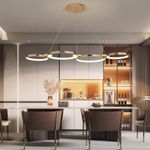 JSXL Dimmable LED Pendant Light for Dining Room Adjustable Height Chandelier 4 Gold Rings Modern Pendant Lamp for Kitchen Island Living Room Office 60 Watt / 107 cm