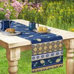 Home Bargains Plus Rectangle Fabric Table Runner, 70 Inch Long, Blue Lemon Garden, Indoor Outdoor Stain and Water Resistant Fabric Table Runner, Mediterranean Orchard