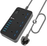 iBlockCube UK Power Strips 3 Way Outlets 6 (3.1A) USB Ports w/Surge Protection Socket Switch Portable Charger 5M/16.4FT Cord UK Plug Wall Adapter Cord w/Fuse & Shutter Extension Lead (Black-Grey)