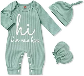 GRNSHTS Newborn Baby Boy Romper Coming Home Outfits Letter Print Bodysuit Jumpsuit+Hat+Gloves 3PCS Clothes Set, Light Green, 1-3 Months