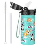 OLDLEY 420ml/14oz Kids Stainless Steel Insulated Water Bottle with Straw for School Reusable Metal Vacuum Small Flask Leakproof Keep Drinks Hot Cold for Boys Girls Toddlers Children (Dog, 420ml)