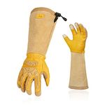 Vgo 1 Pair Premium Cow Leather Gardening Gloves and Pruning Gloves, Extra-Long Sleeves Gauntlet, Foam Padding Palm, TPR Knuckle Back, Thorn Proof, Puncture Resistant, Touchscreen(Size L,Gold,CA9659)