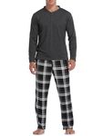 Vlazom Men's Pajamas Set Long Sleeves Soft Pj Top and Plaid Pants for Sleepwear Loungewear with Pockets,A-Black,M