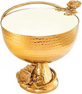 Large Brass Gold & White Footed Decorative Bowl - Fruit & Nut Bowl, Home Decor Flower Design Pedestal Brass Antique Inspired Pedestal Dessert, Chip N Dip Table Serving Display Set, Plate Centerpiece