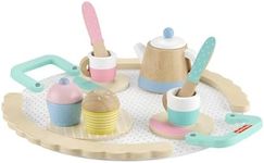 Fisher-Price Wooden Toy Tea Set with Teapot, Cups and Saucers, 12 Wood Pieces for Preschool Pretend Play Ages 3+ Years