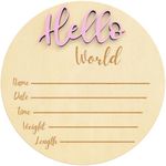 Baby Announcement Sign, Hello World Newborn Sign for Hospital, Large 6” Wooden Baby Name Sign, Newborn Photography Props for Boys and Girls, Welcome Baby Sign (Pink)