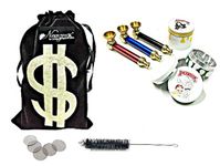 Newzenx® Brass Smoking Pipe 3 Inch with Metal 42mm/4 Part Rick Monty Herb Crusher Value Pack (1 + 1 + Full Accessories Combo Booster) Incl. Fancy Velvet Pouch & Accessories