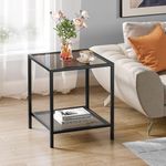 SAYGOER Small Side Table Glass End Table with Mesh Storage Shelf for Small Spaces Modern Square Bed Nightstand Couch Table for Living Room Bedroom, Easy Assembly,Grey Black