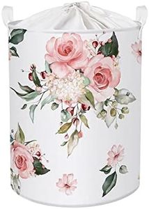 Clastyle 63L Pink Flower Baby Girl Nursery Hamper Large Round Dirty Clothes Laundry Basket Toys Valentine Gift Basket with Lid, 15.7x19.7 in