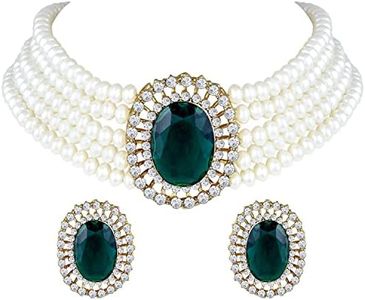 I Jewels Gold Plated Indian Wedding Bollywood Green Stone Studded Pearl Choker Necklace Jewellery Set For Women/Girls (ML316G)