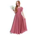 Junior Flower Girl Dresses for Wedding, Short Sleeve Lace Chiffon Dress with Belt Girls Bridesmaid Communion Baptism Party Dance Prom Gown Flowy Long Dress for Kids Dusty Pink- lace 9-10 Years
