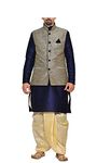 Modern Garments Men Navy Blue Kurta Golden Dhoti with Silk Grey Waistcoat Jacket (36)