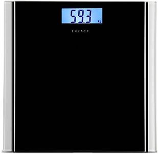 EXZACT Bathroom Scale/Peronal Scale/Digital Weighing Scale - Large Capacity 180kg / 400lb /28st - Precision, Step-on, Backlight LCD Display, Tempered Glass Platform, Slim and Smart Design (Black)