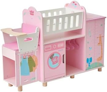 Olivia's Little World Amanda 6-in-1 Wooden Doll Nursery Station with Rocking Cradle, High Chair, Storage, Washing Machine and Sink - for 3 yrs and up, Pretend Play House, Daycare - Pink/Multi