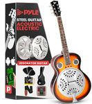 Pyle, Resophonic Acoustic Electric Guitar-6 Round Neck Sunburst Mahogany Traditional Resonator w/Built-in Pre Amplifier, Case Bag, Strap, Steel Strings, Tuner, Picks PGA500BR, White