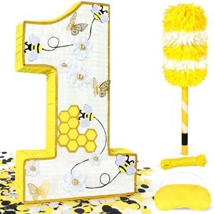Bee Pinata - Yellow Number 1 Shape, 27 x 16 x 3 In - Honeycomb & Dasiy Accents for First Bee Day Party, Includes 24" Bat Stick, Eye Mask, Rope