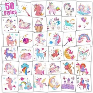 Partywind Glitter Temporary Tattoos for Kids Girls, Birthday Party Supplies Favors Decorations, Kids Goodie Bag Stuffers, Fake Tattoo Stickers for Party Games Prizes (50 Sheets)