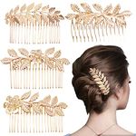 4 PCS Leaf Hair Side Combs Gold Rhinestone Hair Comb Clips with Teeth Vintage Wedding Headpiece Decorative Hair Accessories for Women, Girls, Bride, Bridesmaid (4 Different Size)