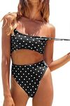 Meyeeka Womens Scoop Neck Cut Out Front Lace Up Back High Cut Monokini One Piece Swimsuit, Polka Dot1, Small