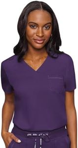 Med Couture Women's V-Neck Scrub Top, Modern Fit Tuck-in Top with Stretchy Rib-Knit Shoulders and Chest Pocket - MC7448, Eggplant, Small