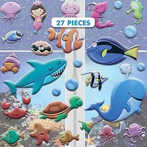 Under The Sea Ocean Window Clings for Kids & Toddlers (by Jesplay USA - Reusable Window Stickers Gels & Decals) Puffy Sticker Activites for Car Plane Home - Underwater Animals Fish Mermaid Shark