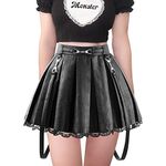 Littleforbig Women's A-Line Pleated Faux Leather Flared Casual Lace Trim Mini Skirts - Troublemaker Black