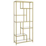 VASAGLE Bookshelf, 6-Tier Tall Bookcase, Plant Stand, Display Shelf, 30 x 80 x 180 cm, Tempered Glass, for Study, Office, Living Room, Bedroom, Kitchen, Metallic Gold LGT502A01