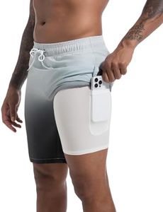 difficort Mens Swimming Trunks with Compression Liner Quick Dry Board Shorts Swimsuit with Zipper Pockets,Grey Gradient,Large