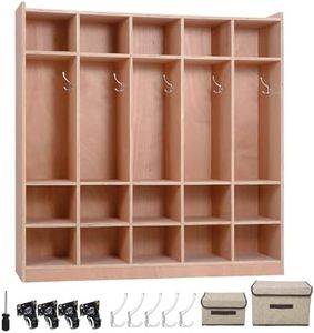 Garvee 5-Section Classroom Coat Locker, 15 Cubbies for Classrooms with Anti-tip Anchors, Daycare Cubby with 4 casters, 5 Hooks and 2 Storage Boxes, for Home/School/Kindergarten