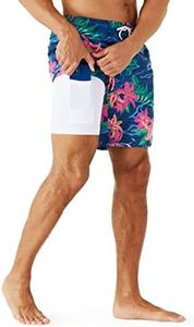 URBEST Men's Swim Trunks with Compression Liner Quick Dry Beach Shorts with Pockets for Beach and Swimming Flowers L