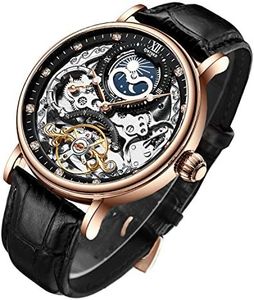 IK COLOURING Bestn Mens Luxury Skeleton Automatic Mechanical Wrist Watches Leather Moon Phrase Luminous Hands Self-Wind Watch, gold, Mechanical