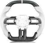 TESFEEL Carbon Fiber Steering Wheel for Mustang 2015-2017 Double D Flat-Top&Bottom with Trim Cover White Nappa Leather White Stripe Silvery Stitching for Mustang EcoBoost/GT/V6 for Shelby GT350/GT350R
