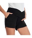 Shen&Qege Women's Maternity Shorts Lounge Stretchy Yoga Pregnancy Shorts High Waist Elastic Shorts with Pockets (Black+Black, M)