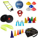 Roxan Balance board combo with rubber medicine ball 3kg , hurdle 6 inch - 6 , ladder 8m, skipping rope, marker cone 6 inch and 9 inch pack of 6 each, saucer cone pack of 20, Two hand grip ,all in a Kit bag