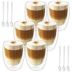 6x350ml Double Walled Glass Coffee Mugs with Spoon, Heat Resistant, Clear Double Glass Coffee Cups for Cappuccino Latte Tea Juice Milk Ice Cream