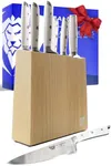 DALSTRONG Gladiator Series Elite 8-Piece Stainless Steel Knife Set with Block - Handmade Manchurian Ash Wood - German High-Carbon Steel - Wooden Knife Block Set w/Black Handles - NSF Certified