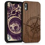 kwmobile Wood Case Compatible with Apple iPhone XR Case - Cover - Navigational Compass Dark Brown