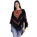 Zamour Kashmiri Women's Wool Poncho Shrug Top Embroidery with Silk Lining (Black)