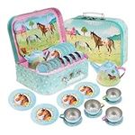 Jewelkeeper 15 Piece Kids Party Tin Tea Set for Toddlers - Kids Pretend Toy Tin Tea Set & Carrying Case - Horse tea set for children - kids picnic set