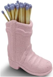 Cowboy Boot Ceramic Match Holder with Built-in Striker - Rustic Western Home Decor - Vintage Farmhouse Aesthetic-Kitchen, Bathroom, Fireplace & Candle Lighting - Unique Gift for Western Lovers (Pink)