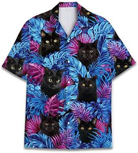 Funny Horse Hawaiian Shirts for Men Women, Love Horse Racing Hawaiian Summer Short-Sleeve Casual Relaxed-Fit Button-Down, Tropical Black Cat 2, Large