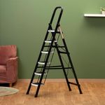 BonKaso Premium Alloy Steel Heavy Duty Multipurpose Foldable 6 Step Ladder with Connecting Frame & Belt Support for Home and Outdoor - (Black)