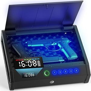 HOLEWOR Gun Safe, Biometric Gun Safes for Pistols with LCD Display of Time Battery, Fingerprint Quick Access Handgun Safe Pistol Safe for Bedside, Nightstand, Car, 2 Gun Capacity Black