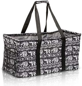 Lucazzi Extra Large Utility Tote Bag - Oversized Collapsible Reusable Wire Frame Rectangular Canvas Basket With Two Exterior Pockets For Beach, Pool, Laundry, Car Trunk, Storage - Elephant Black
