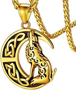 FaithHeart Cresent Moon Wolf Pendant Necklace Mens Nordic Viking Jewelry Scandinavia Norse Mythology Amulet Birthday Gift for Dad