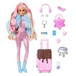 Travel Barbie Doll with Wintery Snow Fashion, Barbie Extra Fly, Sparkly Pink Jumpsuit and Faux-Fur Coat, HPB16